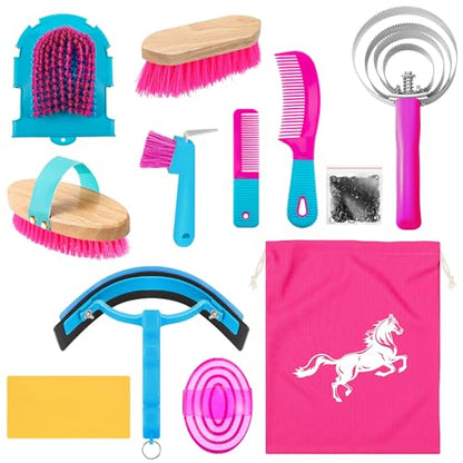 Abbylike 12 Pieces Horse Grooming Kit Equine Care Brushes, Rose Red - color: Rose Red