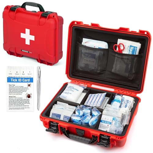 NANUK 910 Waterproof First Aid Kit 146pcs – Durable, Pre-Stocked First Aid Emergency Kit with Bandages, Tick Removal Tool, and More – Dustproof, Impact-Resistant, Floats (14.3" x 11.1" x 4.7") – Red
