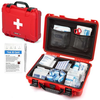 NANUK 910 Waterproof First Aid Kit 146pcs – Durable, Pre-Stocked First Aid Emergency Kit with Bandages, Tick Removal Tool, and More – Dustproof, Impact-Resistant, Floats (14.3" x 11.1" x 4.7") – Red