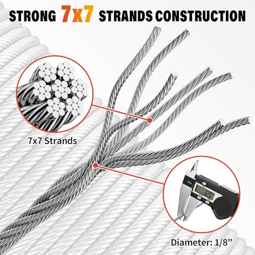 1/8 Stainless Steel Cable Kit - 100ft 1/8" Wire Rope with Cutter - size: 100FT Kit