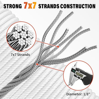 1/8 Stainless Steel Cable Kit - 100ft 1/8" Wire Rope with Cutter - size: 100FT Kit
