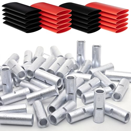 SVAAR 20PCS 6 Gauge Non-Insulated Butt Connectors 6 AWG Uninsulated Butt Splices Tinned Copper Marine Grade Seamless Barrel Crimp Butt Splice Wire Connectors & 20PCS 3:1 Adhesive Lined Heat Shrinks - size: 6 AWG
