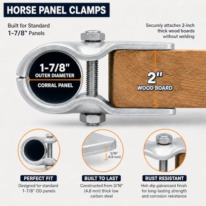 8-Pack Horse Panel Clamps for Wood Boards, Heavy-Duty Galvanized Steel, Fit 1-7/8" Livestock Corral Panels, Securely Attach Lumber to Horse Stalls & Round Pens