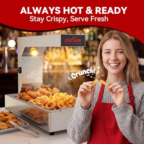 CROSSON French Fry Food Warmer, Commercial French Fry Heat Lamp Electric Stainless Steel Fries Dump Station Countertop 5-Level Adjustable Heating Duration for Food Truck Restaurant Parties 600W