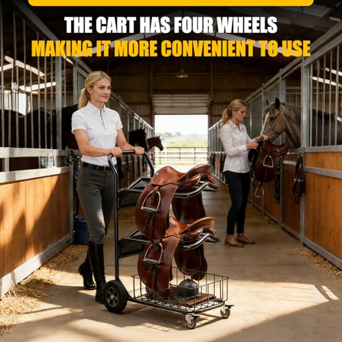 Heavy Duty Rolling Saddle Rack Cart with Basket | Foldable Horse Tack Dolly, for Western & English Saddles, Bridles, Helmets, Horse Gear Storage, Show Cart for Easy Transport