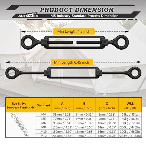 AUTMATCH M5 Eye & Eye Turnbuckle - 304 Stainless Steel Wire Rope Tensioner | Adjustable Turnbuckle for Cable Railing, Fence & Shade Sail Hardware, Wire Rope Tension Kit, 6-Pack, Black - color: Black Tone - Eye & Eye, size: M5