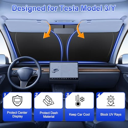 SINGARO Car Windshield Sun Shade, Foldable Reflective Sun Shade for Car Windshield, Compatible with Tesla Model Y Model 3 2016~2025 - size: Tesla Model Y