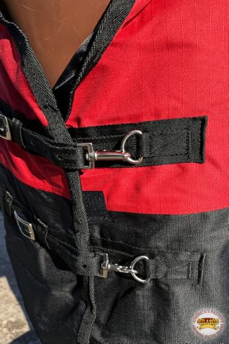 Waterproof Horse Turnout Sheet Hilason 1200D Rip-Stop Lightweight Rain Sheet with Belly Wrap Taffeta Lining Shoulder Gussets - color: Red With Black, size: 78 in