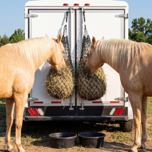6 Pcs Horse Supplies Set 2 Hay Bags 2 Heavy Duty Rubber Feed Pans 2 Horse Bucket Strap Hangers for Slower Feeding Hay Bag Hanging Stable Trailer