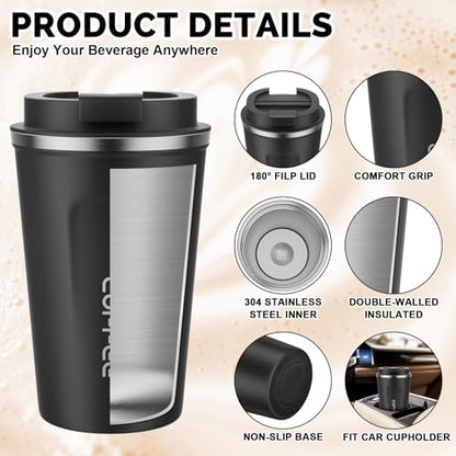 MOMSIV 12oz Travel Coffee Mug, Insulated Coffee Cup with Leakproof Lid - color: A-Black-12oz