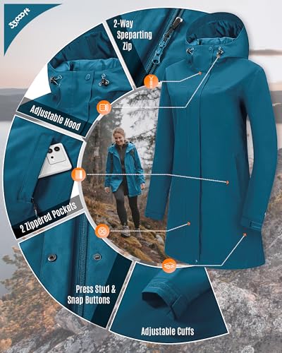 33,000ft Women's Waterproof Rain Jackets Long Rain Coats with Hood - color: Ceramic Blue, size: Medium
