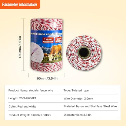 656Ft 6-Strand Polywire Electric Fence Rope Stainless Wire