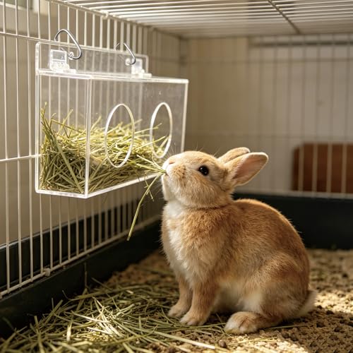 Xymoso Acrylic Rabbit Hay Feeder with Lid,Guinea Pig Hay Rack Holder Chinchilla Cage Accessories for Rabbits Guinea Pigs Bunny