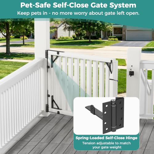 Self-Close Wooden Gate Hardware Kit, Heavy Duty Wood Bracket & Spring Hinge