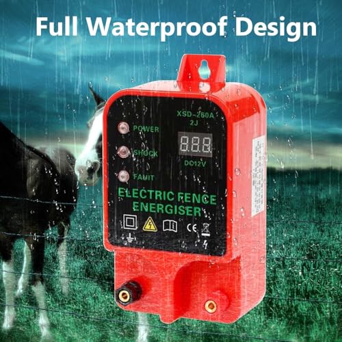 10KM Electric Fence Charger, 2J Waterproof Electric Fence Energizer with LED Display for Livestock Cattle Horse Protection, Alarm Function，AC/Battery Powered