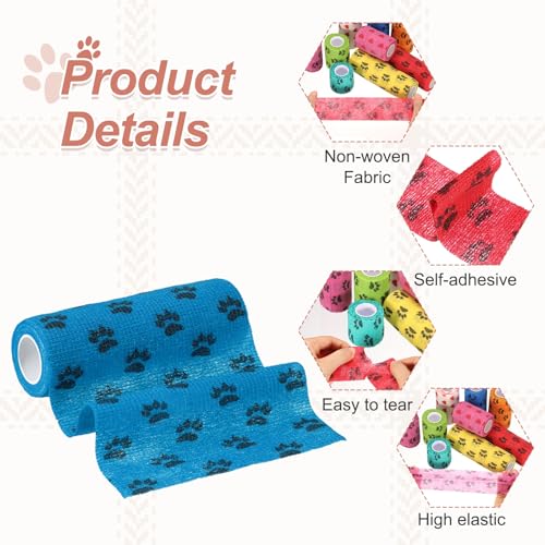 Pet Wrap Bandages, 6 Inch 5 Yard Self Adhesive Bandage Wrap, Pet Non-Woven Tape First Aid Cohesive Gauze, (Light Blue/Paw, 2 Pcs), Intended for Dog/Cat/Bird/Legs/Paws/Wound - color: Light Blue, size: 6 inch