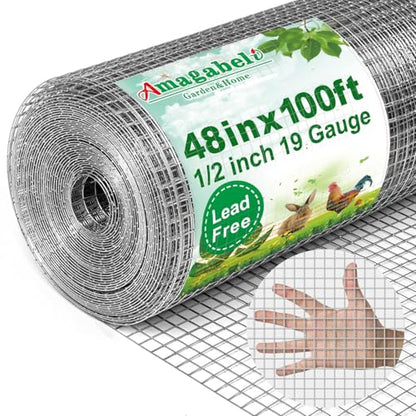 AMAGABELI GARDEN & HOME Hardware Cloth 1/2 Inch 48 x 100 ft 19 Gauge Chicken Wire Fence Weld Wire Fence Mesh Roll Garden Fencing Border Plant Support Poultry Netting Snake Fence Gopher Wire