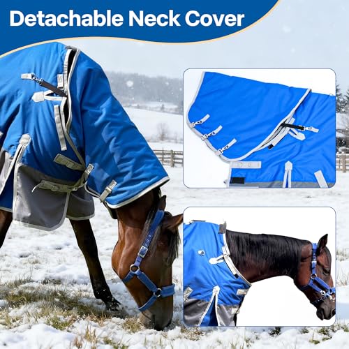 Winter Horse Blanket Horse Turnout Blanket Waterproof 1200D 260g Filled Medium Weight Horse Blanket with Detachable Neck Cover - size: 78in
