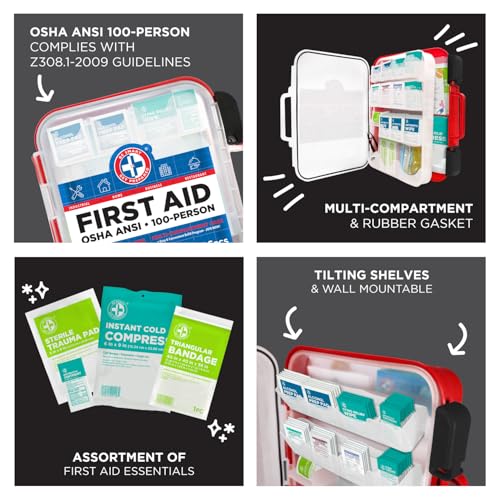 Be Smart Get Prepared First Aid Kit Hard Red Case 326 Pieces Exceeds OSHA and ANSI Guidelines 100 People - Office, Home, Car, School, Emergency, Survival, Camping, Hunting and Sports (20HBC01015REV3)