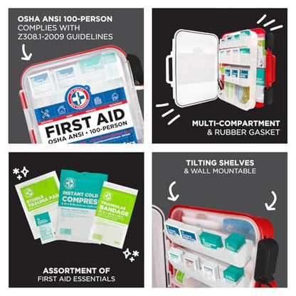 Be Smart Get Prepared First Aid Kit Hard Red Case 326 Pieces Exceeds OSHA and ANSI Guidelines 100 People - Office, Home, Car, School, Emergency, Survival, Camping, Hunting and Sports (20HBC01015REV3)
