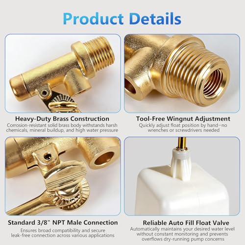 3/8" Water Float Valve, Heavy Duty 125 PSI Water Level Controller with Brass Adjustable Arm & Wingnut, 2.25 GPM Flow Pool Auto Fill Float Valve for Pools, Ponds, Fountains & Livestock Water Tanks