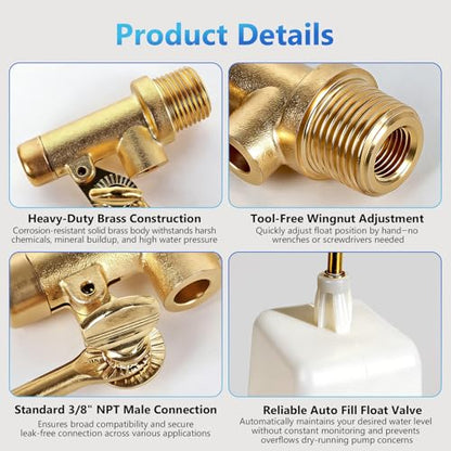 3/8" Water Float Valve, Heavy Duty 125 PSI Water Level Controller with Brass Adjustable Arm & Wingnut, 2.25 GPM Flow Pool Auto Fill Float Valve for Pools, Ponds, Fountains & Livestock Water Tanks