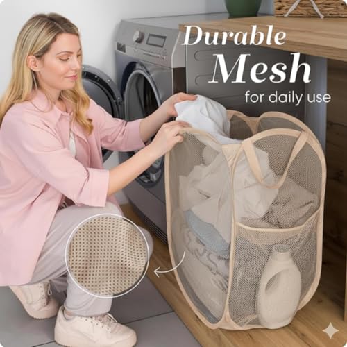 Handy Laundry Collapsible Mesh Pop Up Hamper with Side Pocket - color: Beige, 1-PACK