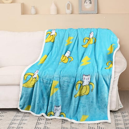 Catalonia Banana Cat Print Sherpa Fleece Throw Blanket, Soft Mink Plush Couch Blanket, Fuzzy Fluffy Comfy Warm Throws, Comfort Caring Gift, 50x60 inches - color: Banana Cat Blue, size: 50"x60"