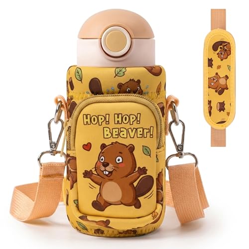 Water Bottle Carrier Bag with Strap for Kids - Water Bottle Bag Holder with Padded Strap Pocket 10/12/14/16/18Oz for Boys Girls School Walking Hiking Camping - style: Beaver