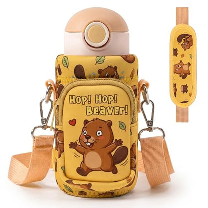 Water Bottle Carrier Bag with Strap for Kids - Water Bottle Bag Holder with Padded Strap Pocket 10/12/14/16/18Oz for Boys Girls School Walking Hiking Camping - style: Beaver
