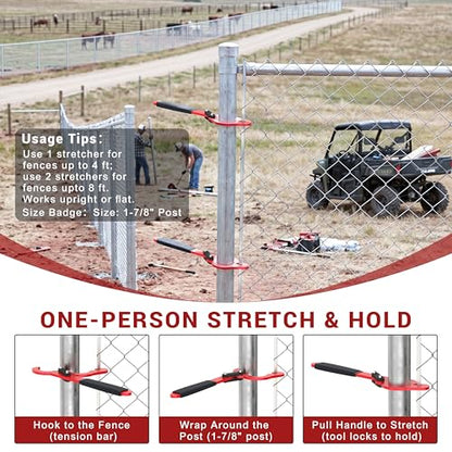Chain Link Fence Stretcher Tool, Fits 1-7/8" OD Posts, Wire Puller Stretcher & Fence Tensioner for Woven Wire Fence, 9” Pull Range, One-Person Operation, 1 Pack - color: 1 Pack, size: 1-7/8'' OD
