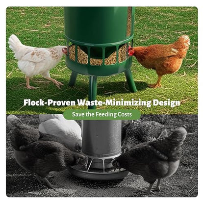 KOL 50LB Metal Chicken Feeder - No Waste, No Clog Design with 16 Ports & Smooth Gravity-Flow, Powder Coated Rust-Proof for Coop Use (Green) - color: Green
