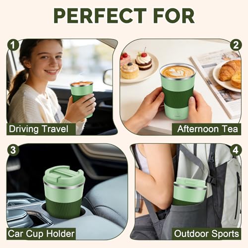 MOMSIV 12oz Travel Coffee Mug, Insulated Coffee Cup with Leakproof Lid - color: B-Light Green-12oz