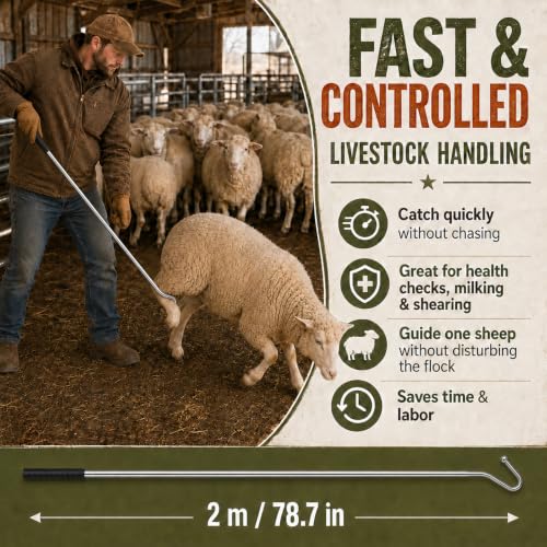 Goat Sheep Catcher Hook, Adjustable 44–75 Inch 5-Section 304 Stainless Steel Sheep Leg Hook with Rounded Ball Tip for Milking, Shearing, Hoof Trimming and Health Checks