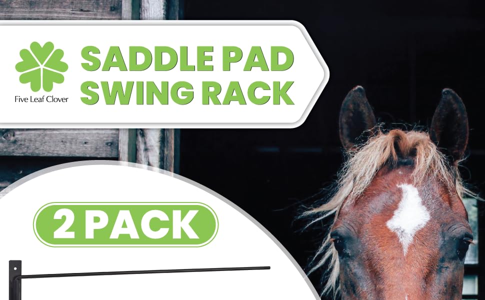 Five Leaf Clover Saddle Pad Rack - Swinging Horse Blanket Holder (2 Pack), 3 Bar Wall Mounted Storage Organizer Racks for Equestrian Tack, Saddle Pads, Bridle - Complete with Grooming Gloves