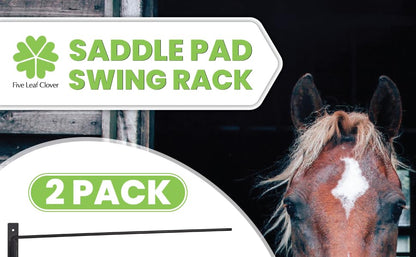Five Leaf Clover Saddle Pad Rack - Swinging Horse Blanket Holder (2 Pack), 3 Bar Wall Mounted Storage Organizer Racks for Equestrian Tack, Saddle Pads, Bridle - Complete with Grooming Gloves