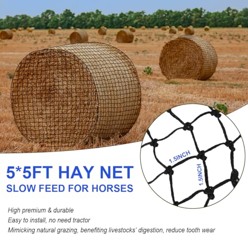 5x5 Ft Large Round Bale Hay Net, 1.5" Holes Sturdy Hay Net Slow Feed for Horses, Fits Round Bales 4x4-5x5 or Square Bales 3x3x8-4x4x8