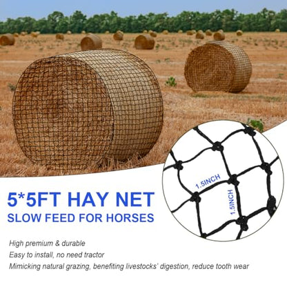 5x5 Ft Large Round Bale Hay Net, 1.5" Holes Sturdy Hay Net Slow Feed for Horses, Fits Round Bales 4x4-5x5 or Square Bales 3x3x8-4x4x8