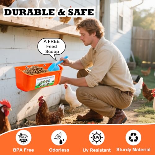 3 Pack Chicken Feeder, Duck Feeder Supplies, Hanging Fence Feed Trough with Clips for Goat, Sheeple, Piglet, Gooses, Turkeys, Dog Livestock Poultry, 8 Quarts in Total, Feed Scoop Included, Orange - color: Orange 3pcs