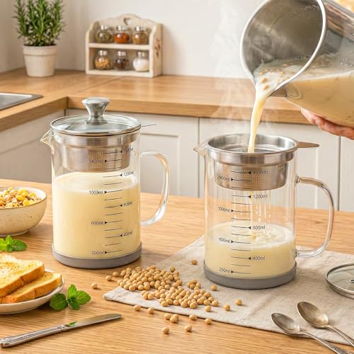 Jucoan Glass Bacon Grease Container with Strainer for Kitchen, 50 oz /1.5L High Borosilicate Glass Greek Yogurt Strainer, MultiFunctional Almond Soy Milk Nut Milk Juice Strainer Filter Pitcher