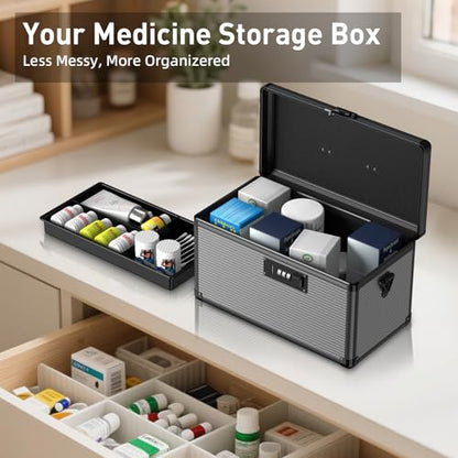Medicine Lock Box with Code, Locking Medicine Box with Removable Tray & Pocket Bag, Portable First Aid Box for Home, 16 * 9.25 * 7.5 Inch (Black, X-Large-16inch) - size: X-Large-16inch