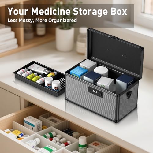 Medicine Lock Box with Code, Locking Medicine Box with Removable Tray & Pocket Bag, Portable First Aid Box for Home&Travel, 14 * 8.85 * 7.5 Inch (Black) - size: Large-14inch