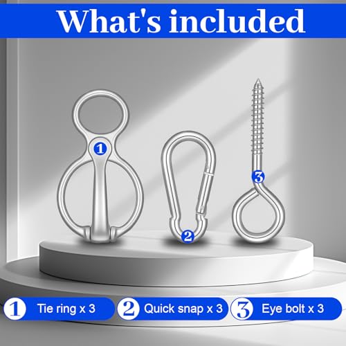 Lemecima 3 Sets Horse Tie Ring with Eye Bolt and Snaps Saddle, Heavy Duty Carbon Steel Horse-Tack Training Equipment - Safe Blocker Ring Horse Accessories and Supplies (Silver)