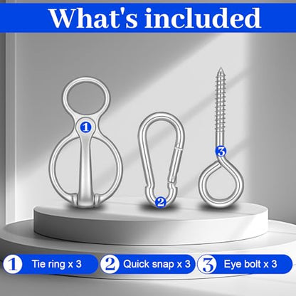 Lemecima 3 Sets Horse Tie Ring with Eye Bolt and Snaps Saddle, Heavy Duty Carbon Steel Horse-Tack Training Equipment - Safe Blocker Ring Horse Accessories and Supplies (Silver)