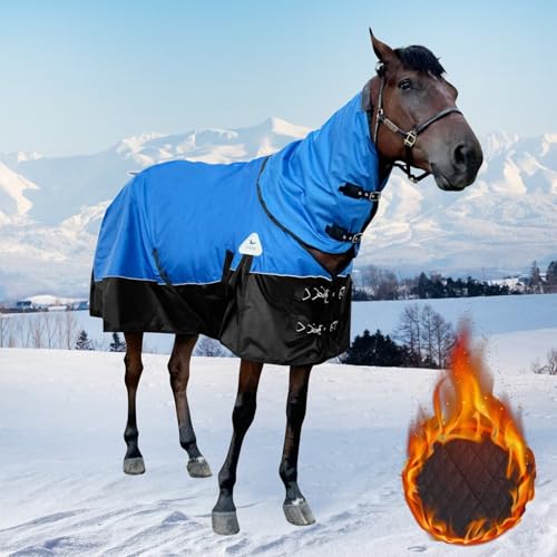 Turnout Blanket for Horses, Waterproof Thickened Horse Sheet with Detachable Neck Cover,1600D Nylon Outer, 400g Heavy Weight Filling, Blue (US 78IN(EU 145cm)) - color: Blue, size: US 78IN(EU 145cm)