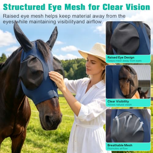 3D Stretch Mesh Horse Fly Mask with Ears (Navy, COB) - color: Navy, size: COB