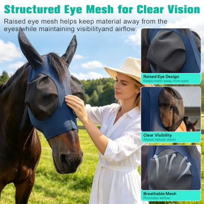 3D Stretch Mesh Horse Fly Mask with Ears (Navy, Full) - color: Navy, size: FULL