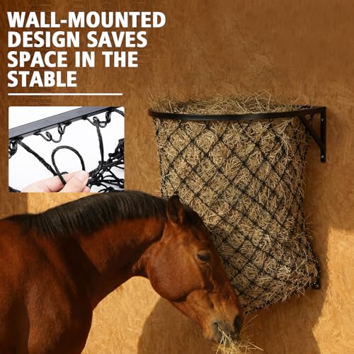 Yaocom 1 Set Wall Mount Hay Feeder with Net Large Capacity Black Metal Frame with Slow Feed Hay Net Open-top for Horses Goats
