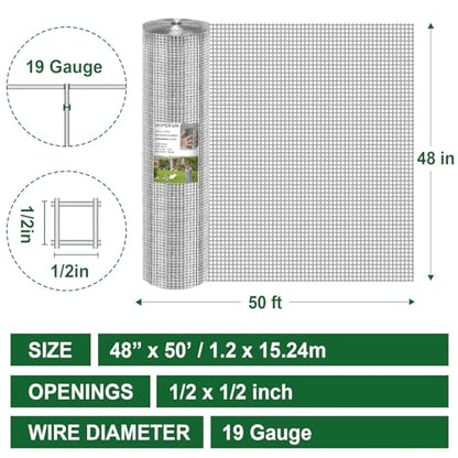 HOPERAN Hardware Cloth 1/2 Inch 48 x 50 ft, 19 Gauge Chicken Wire Fencing | Hot Dipped Galvanized After Welding, Rust resistant, Heavy-duty, for Garden Fencing Gopher Wire Rabbit Cage Poultry Netting - size: 1/2inch 48in*50ft