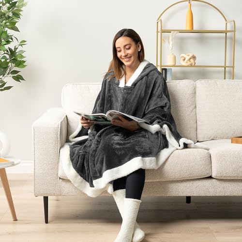 PAVILIA Hooded Blanket Poncho for Women, Fleece Wearable Shawl Wrap, Grey | Fleece Shawl Wrap with Hood, Adult Wearable Blanket, Cozy Warm Poncho Cape Throw with Pockets, Gift for Elderly Mom - color: Grey